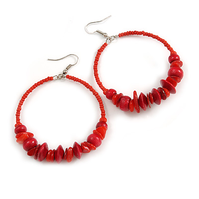 Large Brick Red Glass, Shell, Wood Bead Hoop Earrings In Silver Tone - 75mm Long - main view