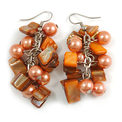 Peach Glass Bead, Burnt Orange Shell Nugget Cluster Dangle/ Drop Earrings In Silver Tone - 60mm Long - main view