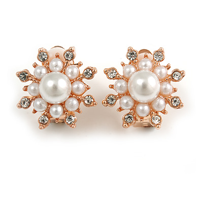 Clear Crystal Faux Pearl Snowflake Clip On Earrings In Gold Tone - 17mm Diameter - main view
