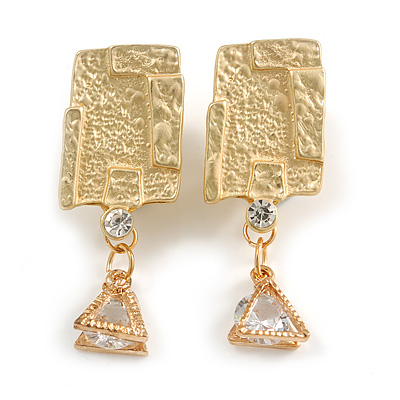 Geometric Textured Square CZ Clip On Earrings In Matte Gold Finish - 40mm Drop - main view
