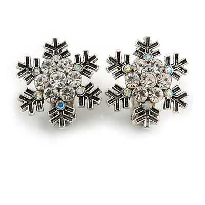 AB/ Clear Crystal Snowflake Clip On Earrings In Silver Tone - 20mm Diameter