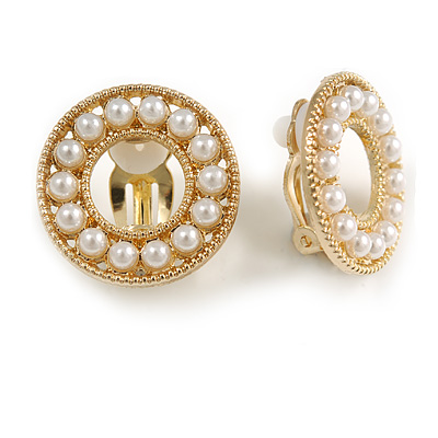Gold Tone Faux Pearl Bead Button Clip On Earrings - 22mm D