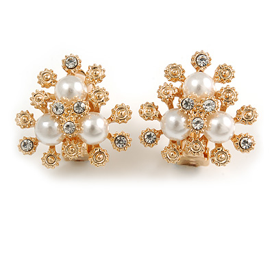 Gold Tone Clear Crystal, Faux Pearl Floral Clip On Earrings - 20mm Tall - main view