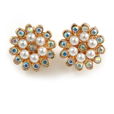 AB Crystal Faux Pearl Floral Clip On Earrings In Gold Tone - 20mm Diameter - main view