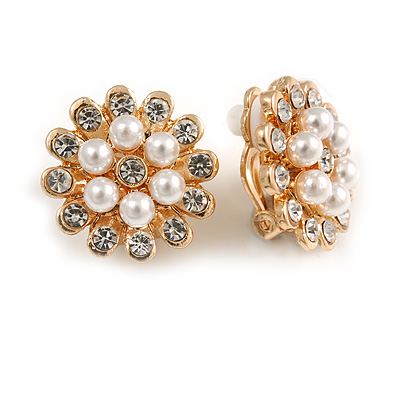 Clear Crystal Faux Pearl Floral Clip On Earrings In Gold Tone - 20mm Diameter - main view