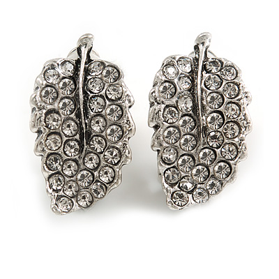 Delicate Clear Crystal Leaf Clip On Earrings In Silver Tone - 20mm Tall - main view