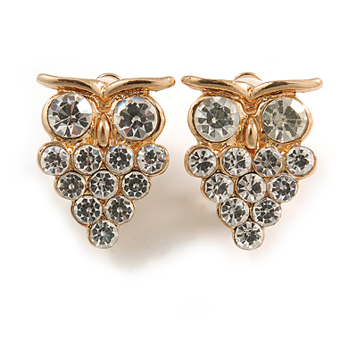 Clear Crystal Owl Clip On Earrings In Gold Tone - 20mm Tall - main view