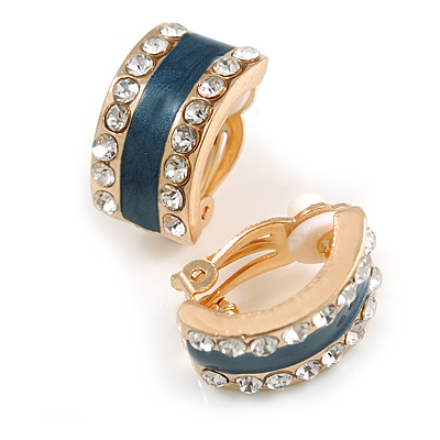 C-Shape Clear Crystal Dark Blue Enamel Clip On Earrings In Gold Tone - 20mm Tall - main view