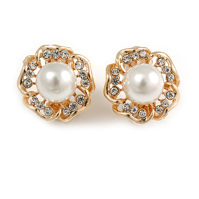 Romantic Crystal Faux Pearl Flower Clip On Earrings In Gold Tone - 18mm Diameter - main view