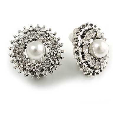 Bridal/ Prom/ Wedding Clear Crystal Faux Pearl Round Clip On Earrings In Silver Tone - 20mm Diameter - main view