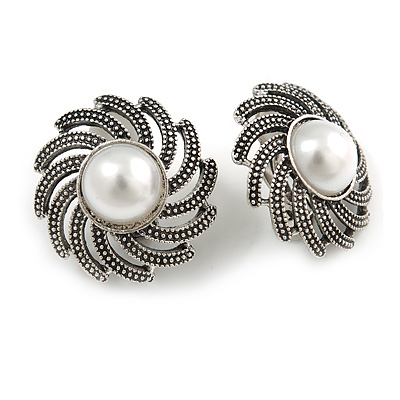 Vintage Inspired Faux Pearl Flower Clip On Earrings In Antique Silver Tone - 23mm D - main view
