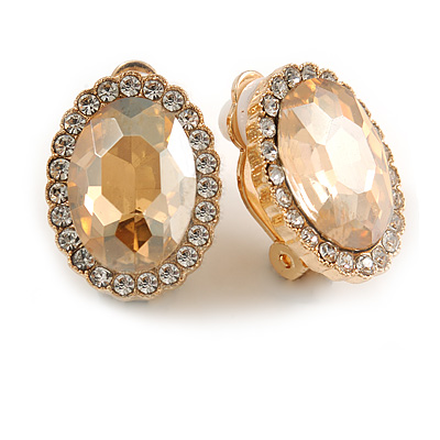 Stunning Light Topaz Oval Cut Glass Stone with Clear Crystal Clip On Earrings In Gold Tone - 18mm Tall - main view