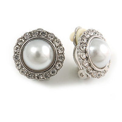 Classic Faux Pearl Clear Crystal Dome Shape Clip On Earrings In Silver Tone - 15mm Diameter - main view