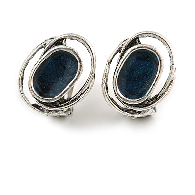 Asymmetric Oval Dark Blue Enamel Clip On Earrings In Aged Silver Tone - 20mm Tall