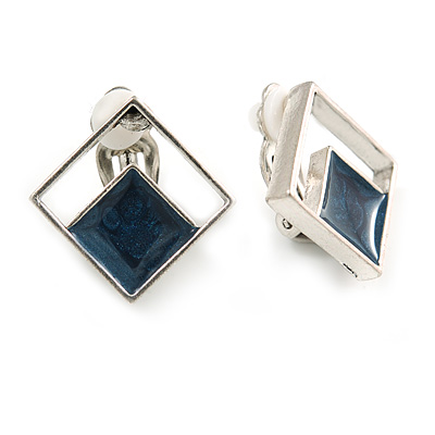 Square Blue Enamel Clip On Earrings In Aged Silver Tone - 15mm Tall - main view