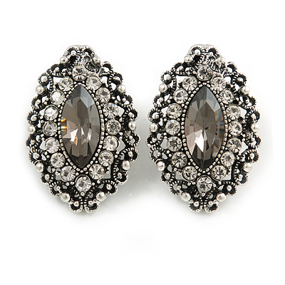 Victorian Style Grey/ Clear Crystal Filigree Clip On Earrings In Aged Silver Tone - 30mm Tall - main view