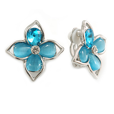 Light Blue Bead Floral Clip On Earrings In Silver Tone - 20mm Diameter - main view