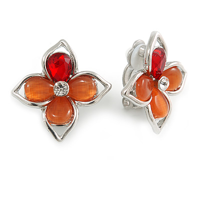 Salmon/ Red Bead Floral Clip On Earrings In Silver Tone - 20mm Diameter - main view
