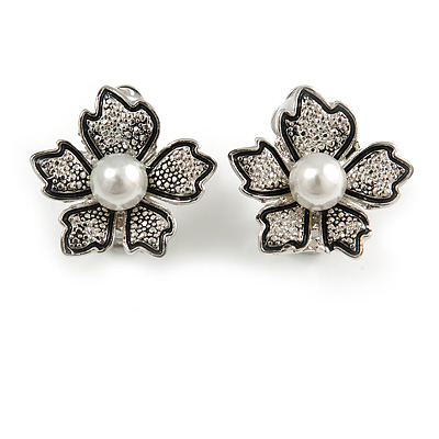 Floral Faux Pearl Clip On Earrings In Silver Tone - 20mm Tall - main view