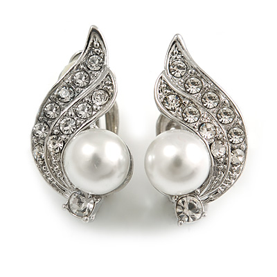 Clear Crystal Faux Pearl Leaf Clip On Earrings In Aged Silver Tone - 23mm L - main view