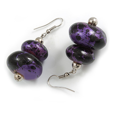 Purple/ Black Double Bead Wood Drop Earrings In Silver Tone - 55mm Long - main view