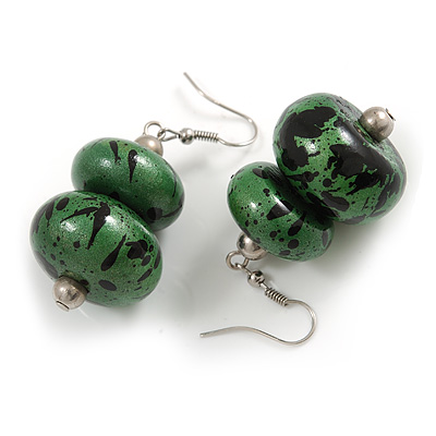 Green/ Black Double Bead Wood Drop Earrings In Silver Tone - 55mm Long - main view