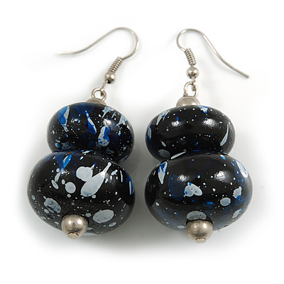 Black/ Blue/ White Double Bead Wood Drop Earrings In Silver Tone - 55mm Long - main view