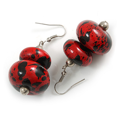 Red/ Black Double Bead Wood Drop Earrings In Silver Tone - 55mm Long - main view