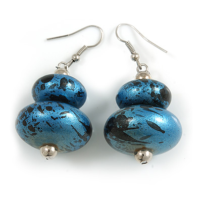 Metallic Blue/ Black Double Bead Wood Drop Earrings In Silver Tone - 55mm Long - main view