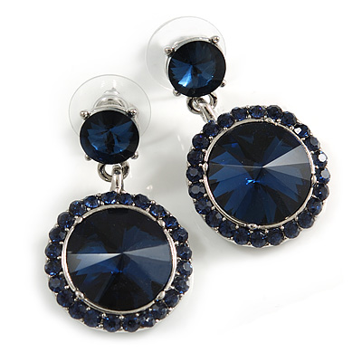 Dark Blue Crystal Round Drop Earrings In Rhodium Plating - 35mm Long - main view