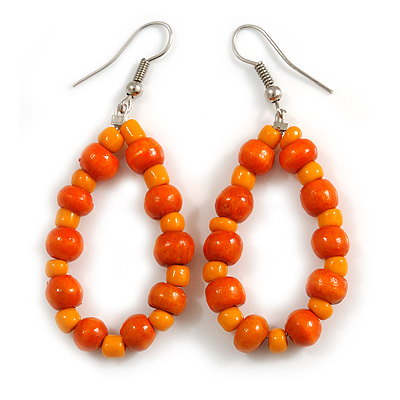 Orange Wood and Glass Bead Oval Drop Earrings In Silver Tone - 55mm Long - main view