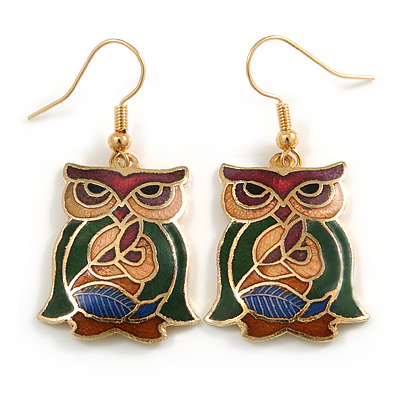 Multicoloured Enamel Owl Drop Earrings In Gold Tone Metal - 45mm Long - main view