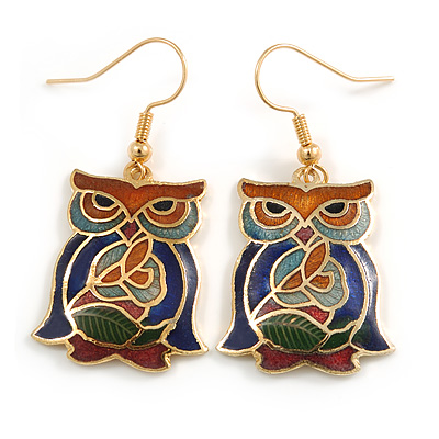 Multicoloured Enamel Owl Drop Earrings In Gold Tone Metal - 45mm Long - main view