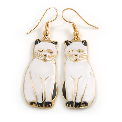 White/ Black Enamel Cat Drop Earrings In Gold Tone Metal - 50mm Long - main view