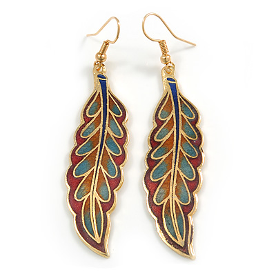 Multicoloured Enamel Leaf Drop Earrings In Gold Tone - 70mm Long - main view