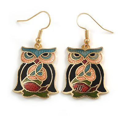 Multicoloured Enamel Owl Drop Earrings In Gold Tone Metal - 45mm Long