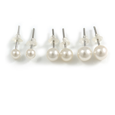 5mm, 4mm, 3mm Set of 3 White Faux Pearl Stud Earrings In Silver Tone - main view