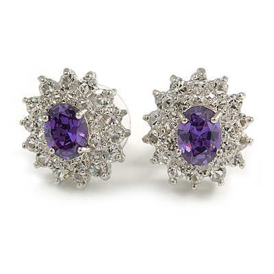 Rodium Plated Clear/ Amethyst CZ Oval Stud Earrings - 17mm Tall - main view