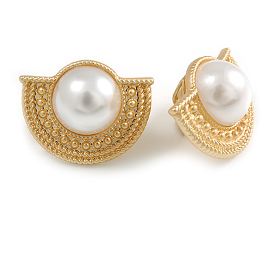 27mm Gold Tone Half Moon White Faux Pearl Bead Clip On Earrings - main view