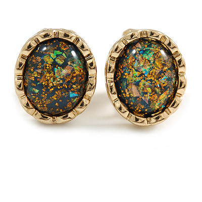 15mm Small Oval Peacock Effect Clip On Earrings In Gold Tone - main view