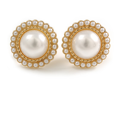 20mm Gold Ton White Faux Pearl Button Clip On Earrings Retro Style - main view