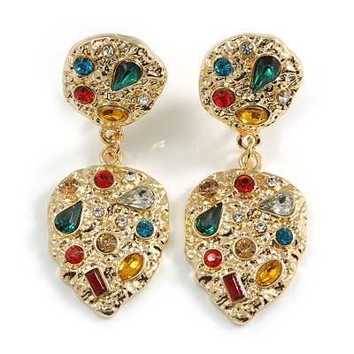 Gold Tone Multicoloured Crystal Textured Leaf Clip On Earrings - 50mm L