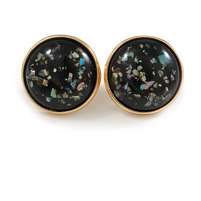 20mm Gold Tone Round Dome Black Resin with Foil Pattern Clip On Earrings - main view