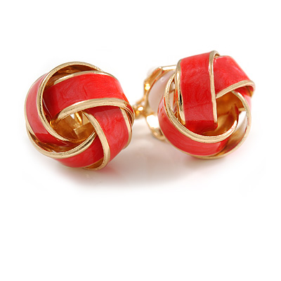 Brick Red Enamel Knot Clip On Earrings In Gold Tone - 15mm - main view