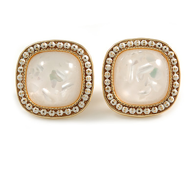 20mm Gold Tone Square White Ceramic Bead Mosaic Resin Stone Clip On Earrings - main view