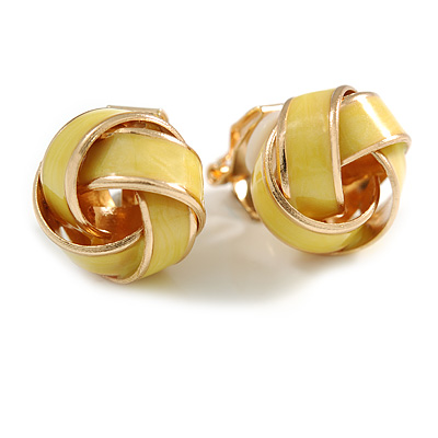 Lemon Yellow Enamel Knot Clip On Earrings In Gold Tone - 15mm