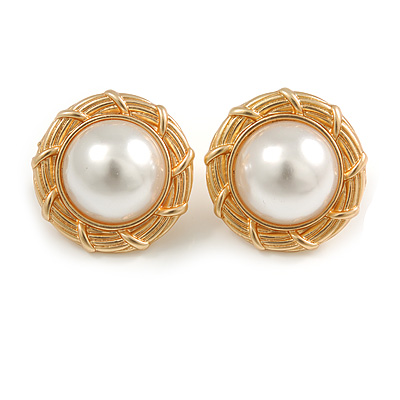 25mm Retro Style Gold Tone Matt Faux Pearl Bead Button Round Clip On Earrings - main view
