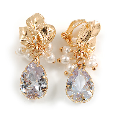 Gold Tone Clear Glass Teardrop Faux Pearl Floral Clip On Earrings - 35mm L