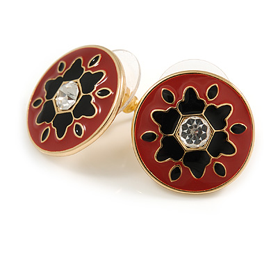 18mm Red/ Black Enamel Flower Round Stud Earrings In Gold Tone - main view