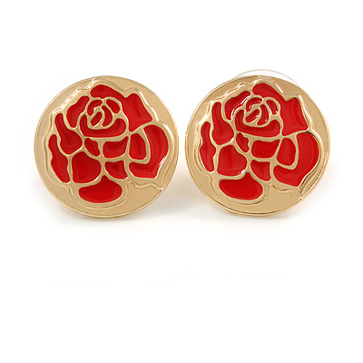 20mm Gold Tone Round with Red Enamel Rose Motif Stud Earrings - main view